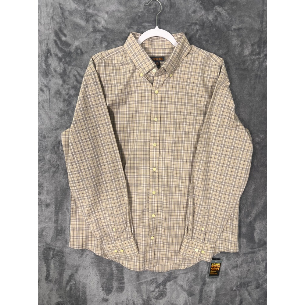 Cherokee Mens XL Ultimate Woven Shirt Tan Navy Plaid Long Sleeve Button Down NWT